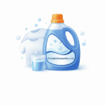 Blue viscous liquid laundry detergent in a glass beaker on a white background for industrial manufacturing.