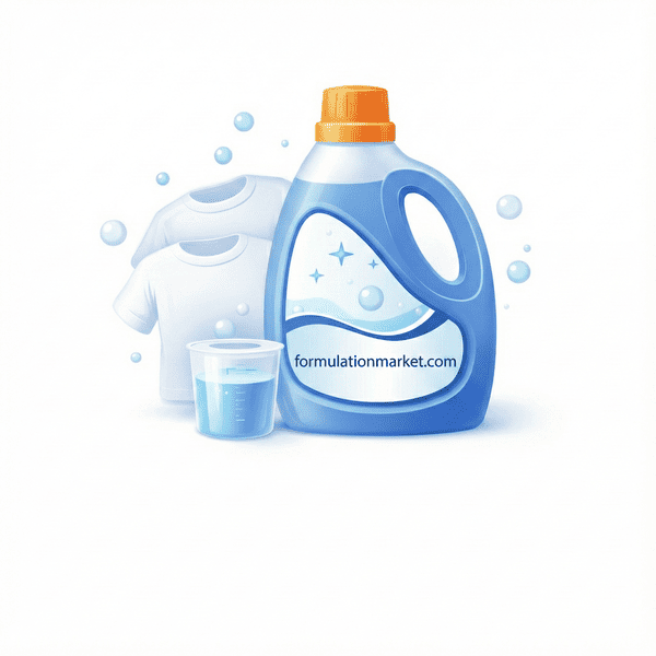 Blue viscous liquid laundry detergent in a glass beaker on a white background for industrial manufacturing.