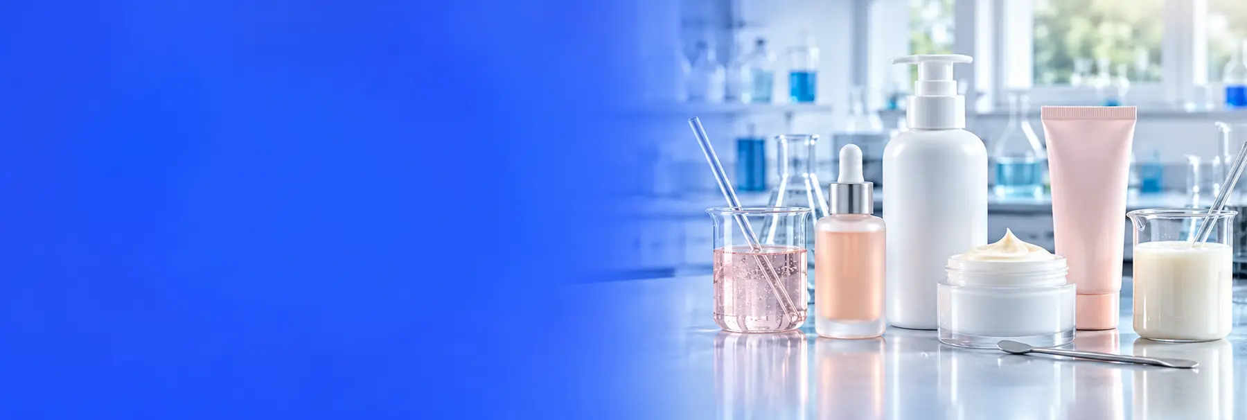 Cosmetic cream, serum, skincare packaging and laboratory beakers on the right of a blue banner.