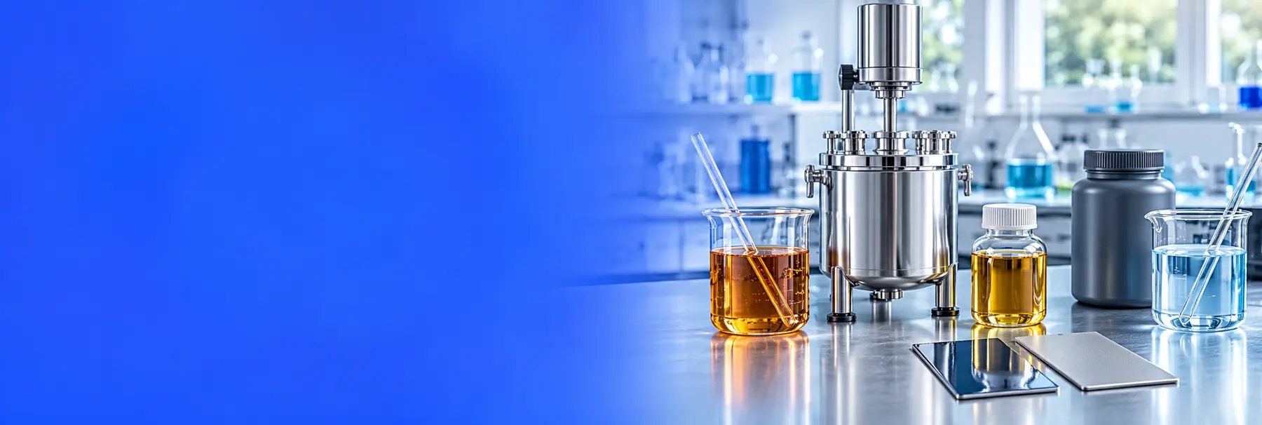 Stainless steel laboratory mixer, liquid samples and metal test panels beside a blue background.