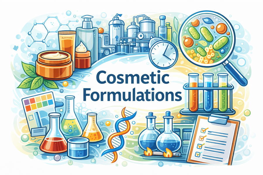 Vector illustration explaining cosmetic formulations, including ingredient selection, emulsion stability, preservation systems, and laboratory testing.