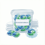 Vector illustration of laundry detergent pods in a container with formulationmarket.com label, showing dissolving PVA film and towels
