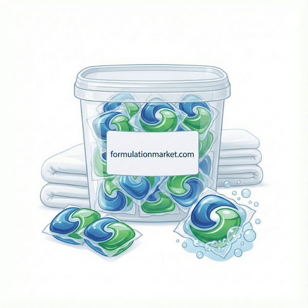 Vector illustration of laundry detergent pods in a container with formulationmarket.com label, showing dissolving PVA film and towels