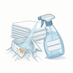 Vector illustration of a spray bottle labeled formulationmarket.com applying stain remover liquid onto a soiled shirt collar, with towels in the background.