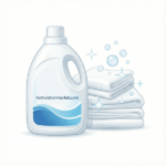 Vector illustration of a white liquid detergent bottle labeled formulationmarket.com next to a stack of bright white towels.