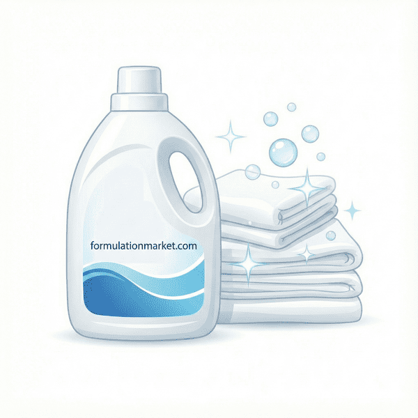 Vector illustration of a white liquid detergent bottle labeled formulationmarket.com next to a stack of bright white towels.