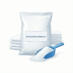 Vector illustration of economy washing powder in a large sack with a scoop and towels, labeled formulationmarket.com.