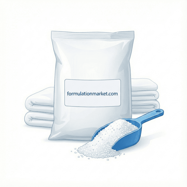 Vector illustration of economy washing powder in a large sack with a scoop and towels, labeled formulationmarket.com.