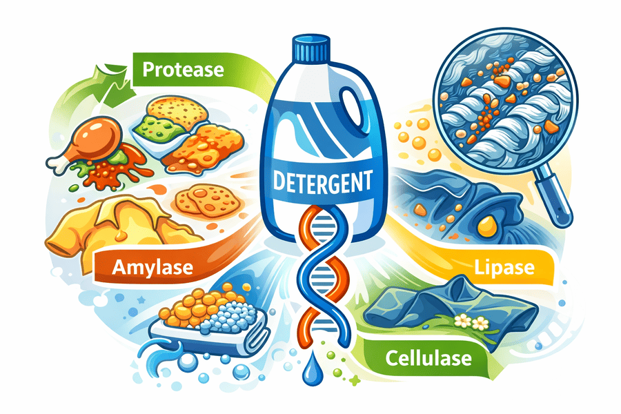 Vector illustration showing how detergent enzymes such as protease, amylase and lipase break down protein, starch and oil stains in laundry washing.