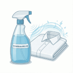 Vector illustration of a beaker with clear liquid and a spray bottle labeled formulationmarket.com next to a smooth folded shirt.