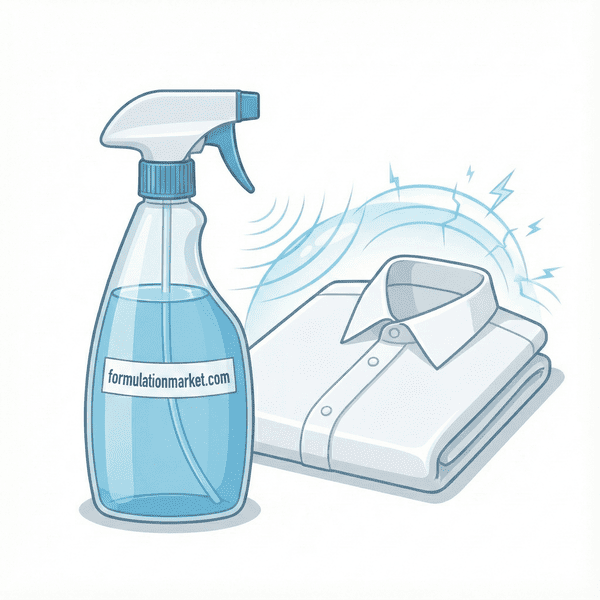 Vector illustration of a beaker with clear liquid and a spray bottle labeled formulationmarket.com next to a smooth folded shirt.
