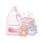 Vector illustration of a gentle baby laundry detergent bottle labeled formulationmarket.com with soft baby clothes and a teddy bear.