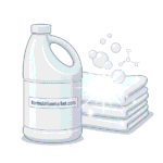 Vector illustration of a plastic jug labeled formulationmarket.com containing chlorine bleach, next to a white towel and sparkling effect.