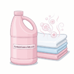 Vector illustration of a pastel fabric softener bottle labeled formulationmarket.com next to a stack of fluffy towels.