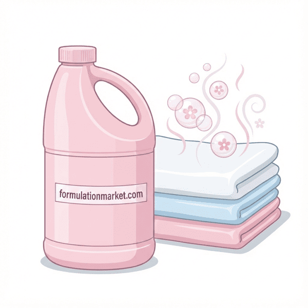 Vector illustration of a pastel fabric softener bottle labeled formulationmarket.com next to a stack of fluffy towels.