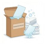 Vector illustration of eco-friendly cardboard box labeled formulationmarket.com containing laundry detergent sheets, with one strip dissolving in water bubbles near towels.