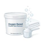 Vector illustration of a white tub labeled formulationmarket.com containing oxygen powder stain remover with effervescent bubbles.
