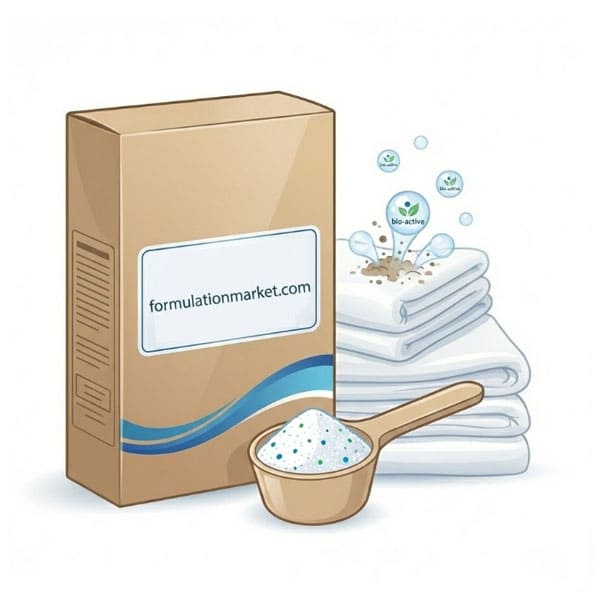 Vector illustration of premium biological washing powder box labeled formulationmarket.com with a scoop showing speckled powder and enzyme action bubbles attacking stains.