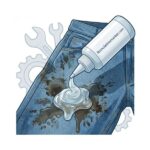 Vector illustration of a squeeze bottle labeled formulationmarket.com applying thick gel stain remover onto a heavily greased work fabric.