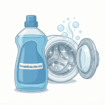Vector illustration of a washing machine cleaner bottle labeled formulationmarket.com next to a sparkling clean washing machine drum.