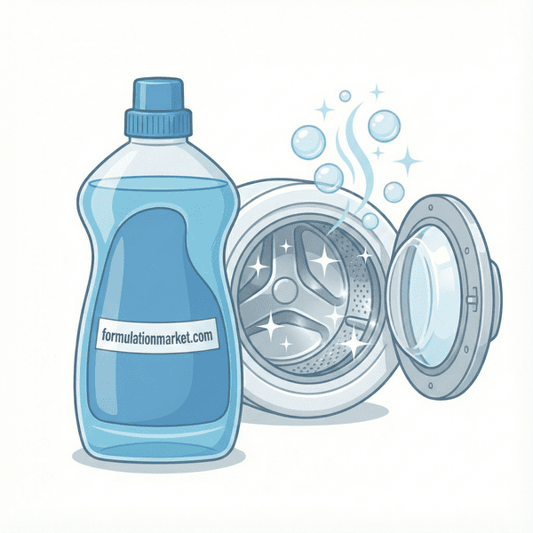 Vector illustration of a washing machine cleaner bottle labeled formulationmarket.com next to a sparkling clean washing machine drum.
