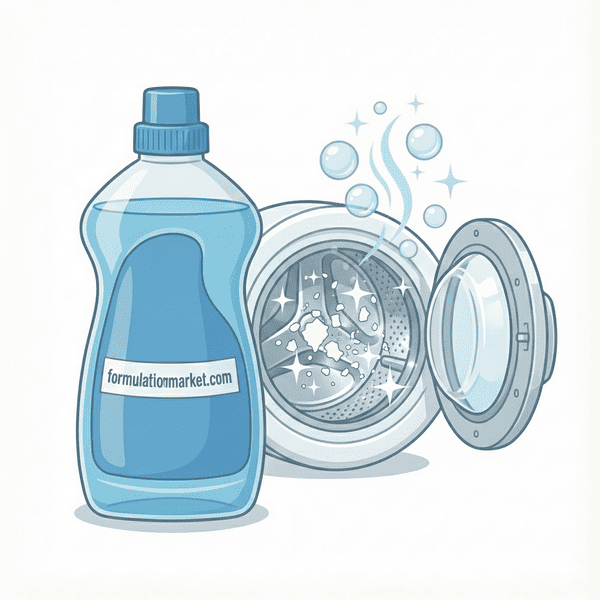 Vector illustration of a descaler bottle labeled formulationmarket.com next to a washing machine drum with scale particles dissolving and sparkling effects.