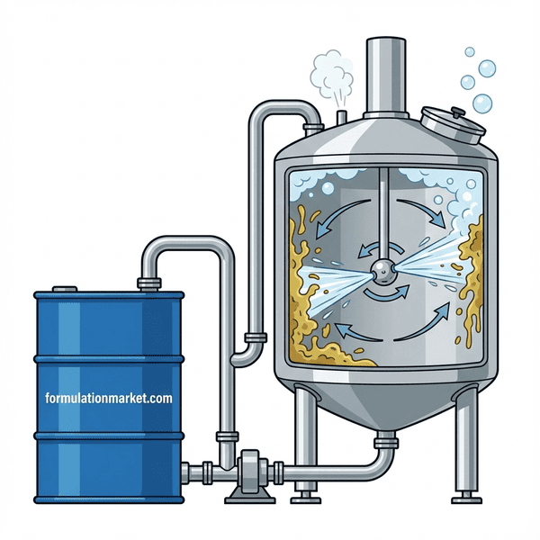Vector illustration of an industrial chemical drum labeled formulationmarket.com connected to pipes and a stainless steel food processing tank for CIP cleaning.