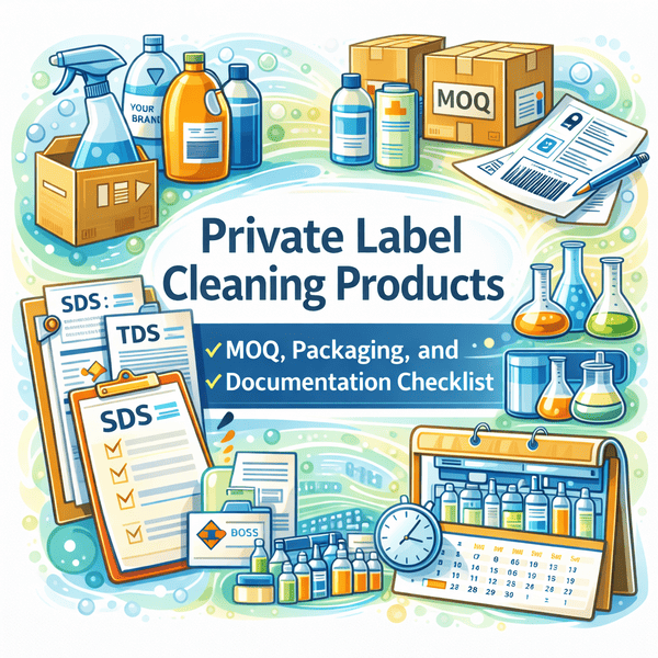 Square vector illustration about private label cleaning products, showing MOQ, packaging options, and SDS/TDS documentation checklist for detergents.