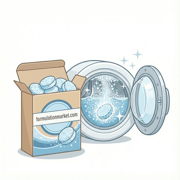 Vector illustration of a box labeled formulationmarket.com containing washing machine cleaner tablets, with one tablet dissolving in a beaker showing effervescent bubbles.
