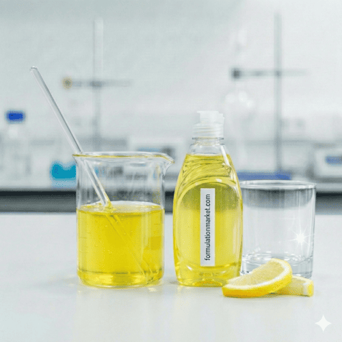 Squeeze bottle of yellow automatic dishwasher gel with formulationmarket label on a lab table.