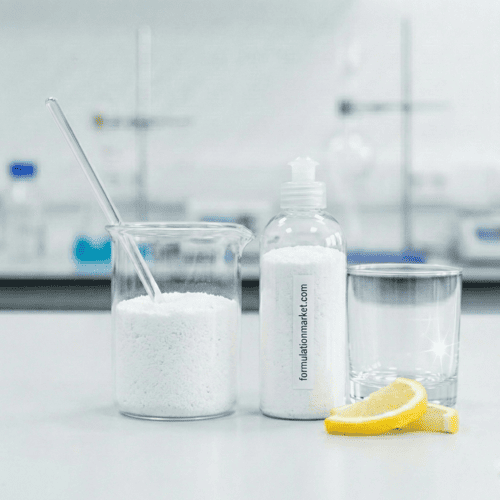 White automatic dishwasher powder bottle with formulationmarket label on a lab table.