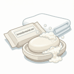 Vector illustration of a classic oval bath soap bar with a wrapper labeled formulationmarket.com producing lather next to a towel.