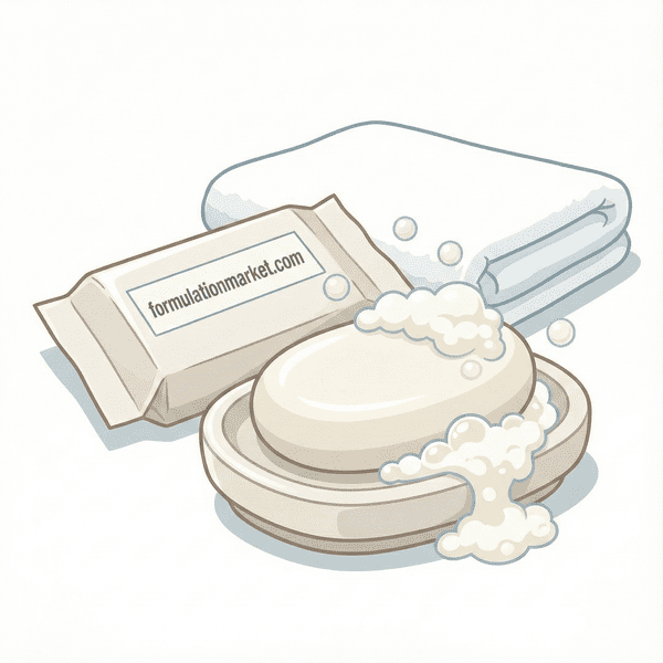 Vector illustration of a classic oval bath soap bar with a wrapper labeled formulationmarket.com producing lather next to a towel.