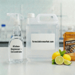 Viscous amber degreaser concentrate being poured in a lab with formulationmarket label.