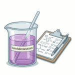 Vector illustration of a laboratory beaker with a stirring rod next to a clipboard and pen, representing custom R&D and formula design by formulationmarket.com.