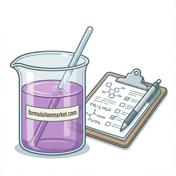 Vector illustration of a laboratory beaker with a stirring rod next to a clipboard and pen, representing custom R&D and formula design by formulationmarket.com.