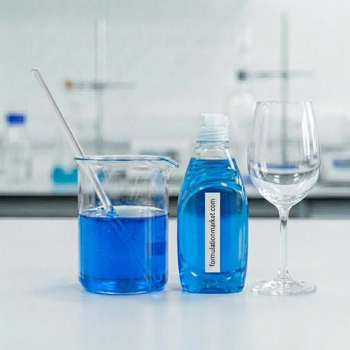 Blue dishwasher rinse aid liquid in a clear bottle with formulationmarket label on a lab table.