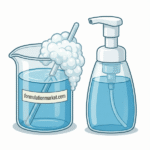Vector illustration of a beaker containing low-viscosity liquid soap with a layer of foam on top, labeled formulationmarket.com, next to white towels.