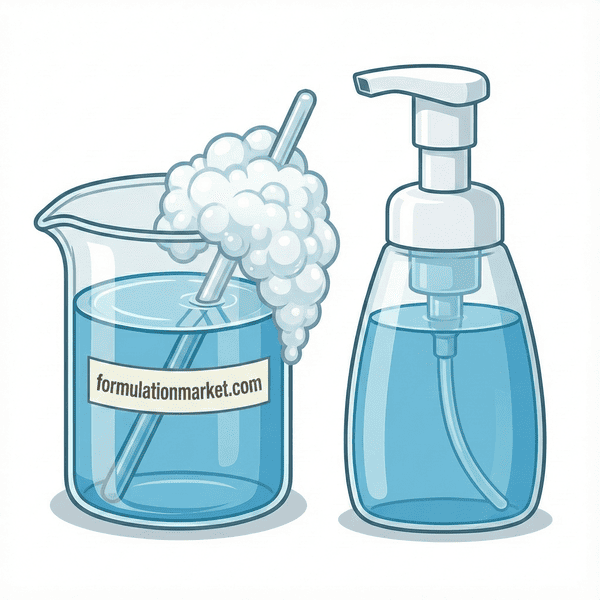 Vector illustration of a beaker containing low-viscosity liquid soap with a layer of foam on top, labeled formulationmarket.com, next to white towels.