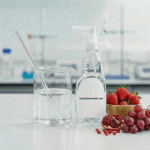Spray bottle of clear stain remover next to a red fruit juice spill on a white cloth in a lab.