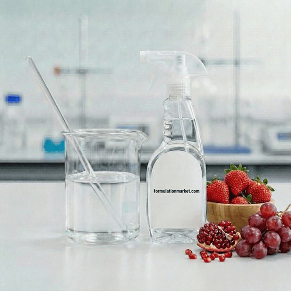 Spray bottle of clear stain remover next to a red fruit juice spill on a white cloth in a lab.