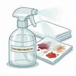 Vector illustration of a beaker containing powerful clear stain remover liquid next to a spray nozzle and a clean white towel labeled formulationmarket.com.