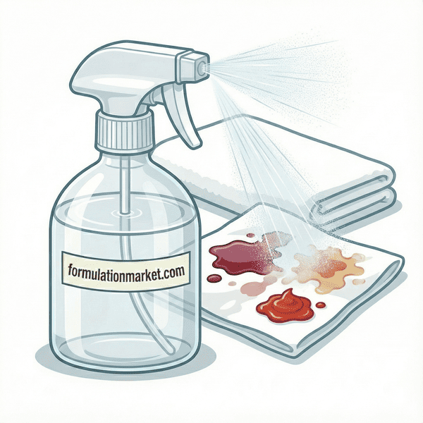 Vector illustration of a beaker containing powerful clear stain remover liquid next to a spray nozzle and a clean white towel labeled formulationmarket.com.
