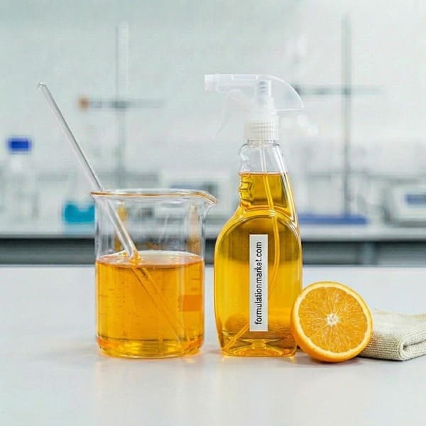 Yellow kitchen degreaser spray bottle with formulationmarket label on a lab table