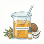 Vector illustration of a beaker filled with golden liquid castile soap labeled formulationmarket.com next to olive branches and a white towel.