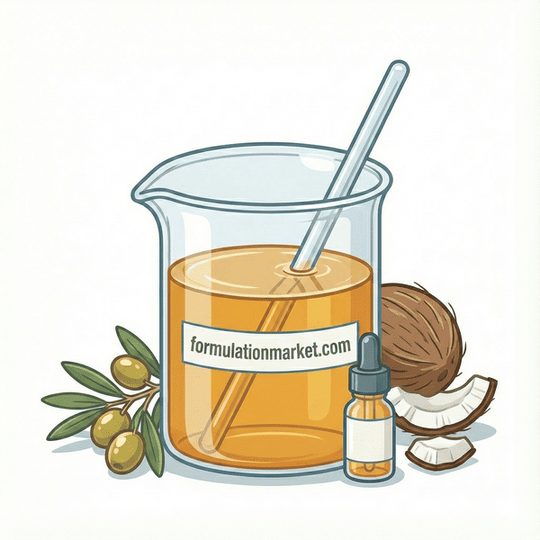 Vector illustration of a beaker filled with golden liquid castile soap labeled formulationmarket.com next to olive branches and a white towel.