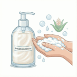 Vector illustration of a beaker containing pearlized liquid hand soap with a stirring rod, next to clean white towels.