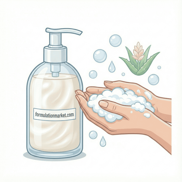 Vector illustration of a beaker containing pearlized liquid hand soap with a stirring rod, next to clean white towels.