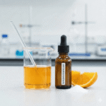 Vector illustration of a beaker containing bright golden-orange Vitamin C serum labeled formulationmarket.com next to an amber dropper bottle and an orange slice.