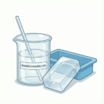 Vector illustration of a beaker containing melted transparent soap base next to a finished crystal clear soap bar and a silicone mold, labeled formulationmarket.com.
